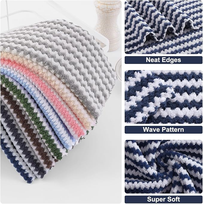 Homaxy 12 Pack Kitchen Dish Cloths, Ultra Soft and Absorbent Dish Towels, Reusable Fast Drying Microfiber Cleaning Cloth, Coral Velvet Wave Design No-lint, 10 x 10 inches, Navy Blue