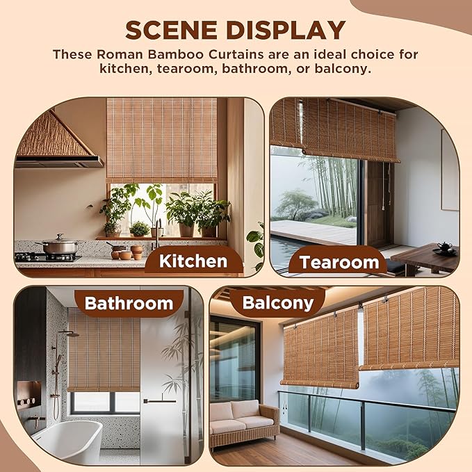 Bamboo Blinds for Interior Windows, 45"W X 48"H Bamboo Roller Shades Indoor | Roll Up Shades Light Filtering for Outdoor Patio, Decks, Porch, Backyards Natural Bamboo Material, Easy to install