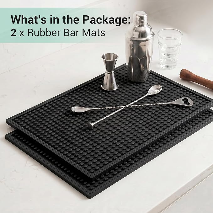 Rubber Bar Mat for Counter, Black 2 Pack 12"x18" grip-friendly Coffee Bar Mat, Heat Resistant & Spill-proof Countertop Protector Mat for Kitchen, Home Bar, Coffee Station, Easy Clean Dish Drying Mat