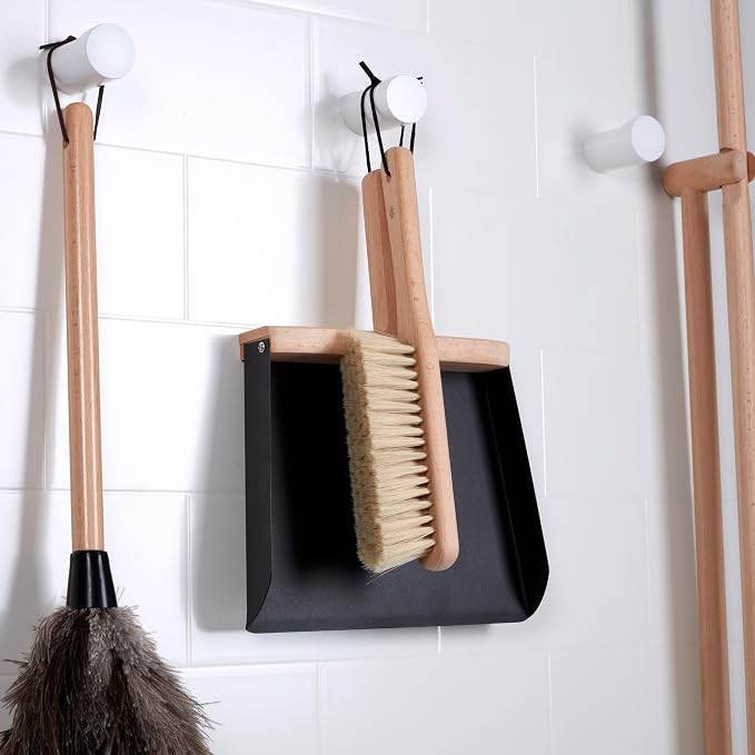 Copco Hand Brush and Dustpan Set - Wooden Beechwood Handle Broom and Dust Pan with Soft Bristles, Leather Loop Hanging Storage, Iron Dustpan, Kitchen and Home Cleaning Essentials
