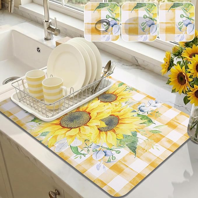 LOKHOM Dish Drying Mat for Kitchen Counter, 12"x20" Absorbent Coffee Bar Mat with Sunflowers, Vintage Floral Dish Drainer Rack Mats for Kitchen Counter Coffee Maker Pot Dining Room Decoration