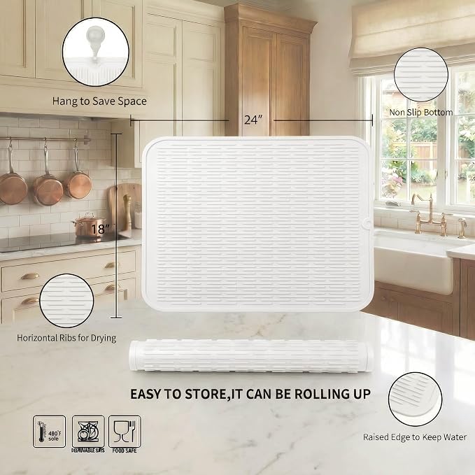 MicoYang Silicone Dish Drying Mat for Multiple Usage,Easy clean,Eco-friendly,Heat-resistant Silicone Mat for Kitchen Counter or Sink,Refrigerator or Drawer Liner White 2XL 24 inches x 18 inches
