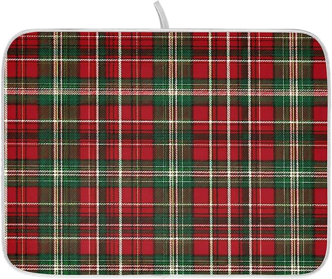 Christmas Red Green Buffalo Checkered Dish Drying Mat for Kitchen Counter Absorbent Microfiber Small Drying Pad Dish Mats for Kitchen Countertops 16 x 18 Inch