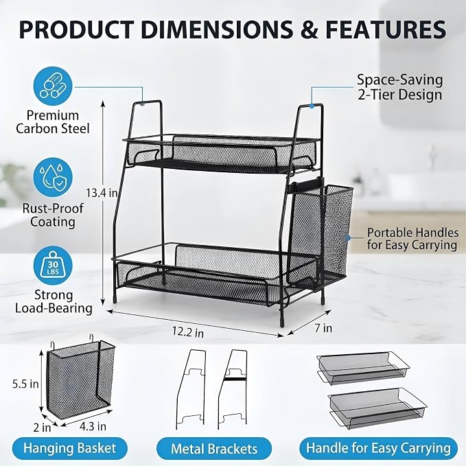 LEMIKKLE 2-Tier Bathroom Countertop Organizer,Skincare, Makeup Countertop Organizers, Kitchen, Bathroom Counter Storage with Small Basket (Black)