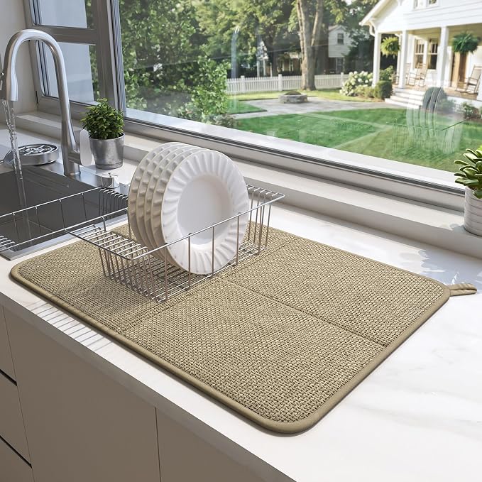 YDKGL Dish Drying Mat for Kitchen Counter, Ultra Absorbent & Fast Drying Dish Mat Machine Washable Foldable Drying Pad for Countertops, Sinks, Draining Racks, Brown