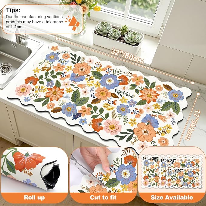 LOKHOM Scalloped Floral Dish Drying Mat, 17"x32" Super Absorbent Coffee Mat with Unique Spring Wildflowers, Cuttable Hide Stain Non-slip Drying Mat for Kitchen Counter Coffee Maker Espresso Machine