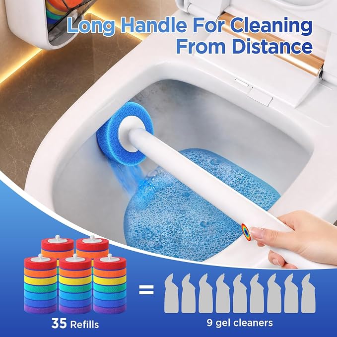 Disposable Toilet Brush, Wall Mounted Toilet Bowl Brush with 35 Colorful Refills, Toilet Bowl Brush with Storage Box for Deep Bathroom Toilet Cleaning (1 Handle + 35 Colorful Refills).