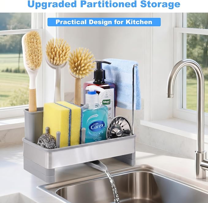 Sponge Holder for Kitchen Sink Caddy Organizer, Dish Brush Holder | Stainless Steel Sponge Caddy for Kitchen Countertop Organizer, Rustproof Dish Soap and Sponge Rack with Dishcloth Drying Rack