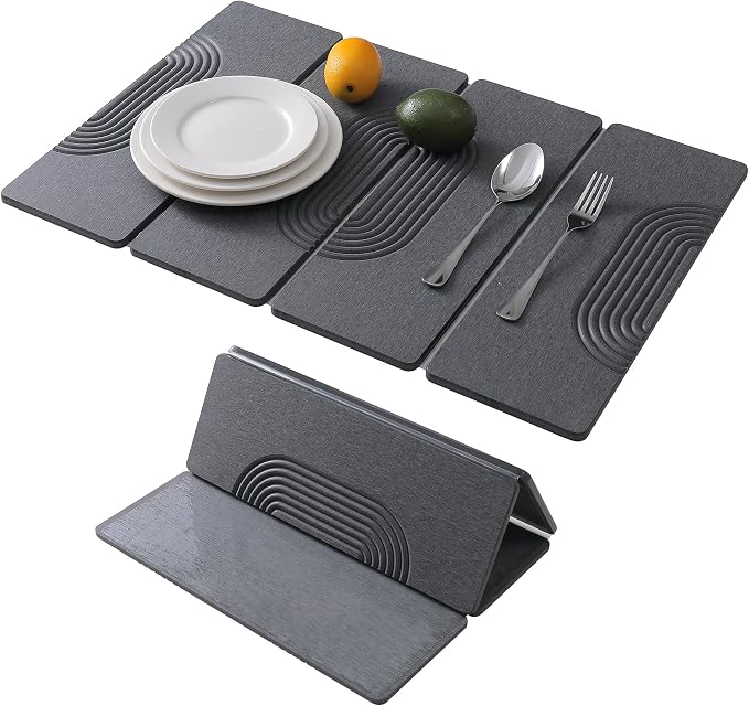 Foldable Stone Dish Drying Mat for Kitchen Counter, Diatomaceous Earth Drying Mat with Non-Slip Backing, Heat Resistant Multifunctional Mat for Kitchen & Bathroom, Instant water absorption-(24"×16")