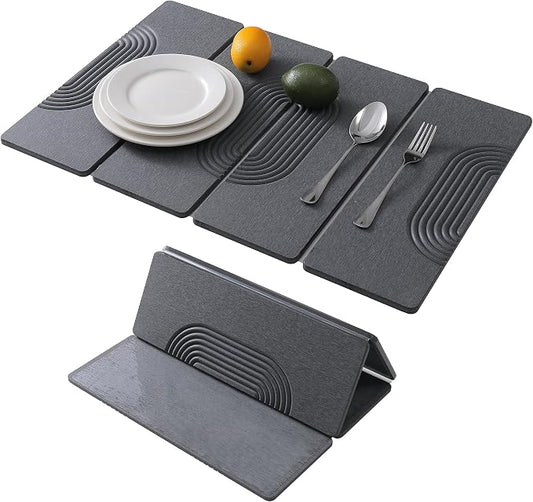 Foldable Stone Dish Drying Mat for Kitchen Counter, Diatomaceous Earth Drying Mat with Non-Slip Backing, Heat Resistant Multifunctional Mat for Kitchen & Bathroom, Instant water absorption-(24"×16")