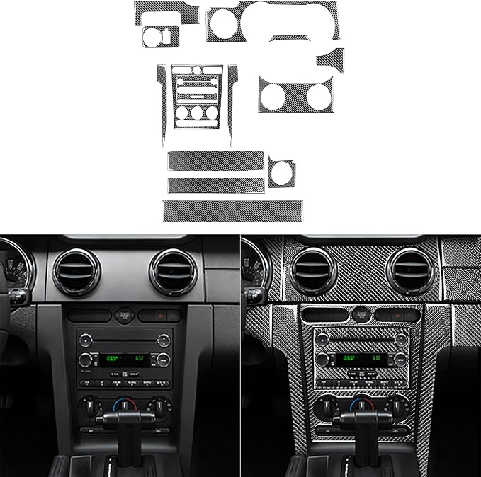 Real Carbon Fiber Trim for Ford Mustang GT Shelby Accessories | for 2005 2006 2007 2008 2009，Center Meter Instrument Central Console Cover Kit，Thick Overlay Sticker Decal，17PCs