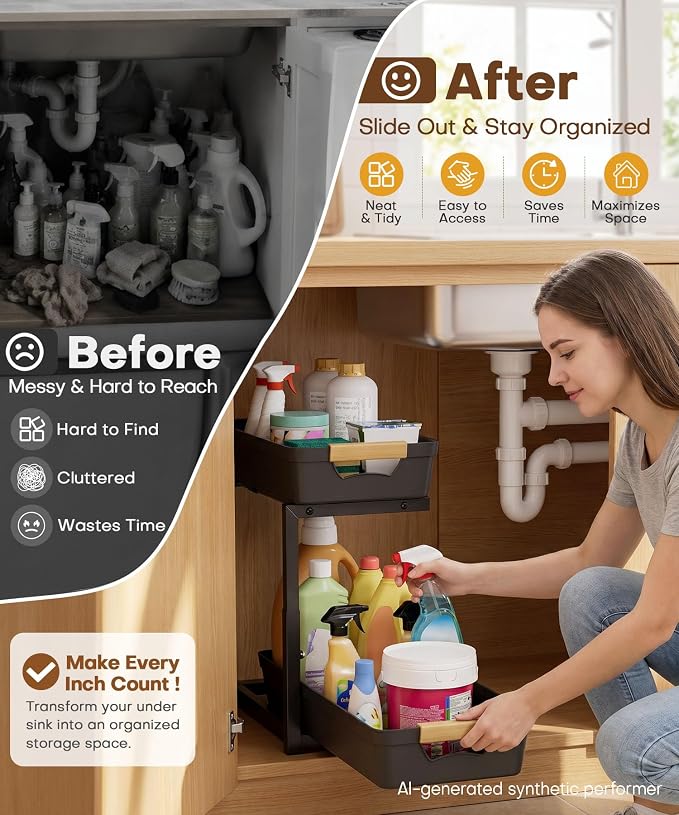 Homde Sliding Under Sink Organizer: 2 Pack 2-Tier Cabinet Shelf with Upper & Lower Pull-Out Baskets - C-Shaped 3 Adjustable Heights for Kitchen Bathroom