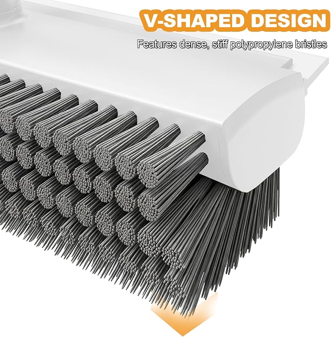 Floor Scrub Brush with Long Handle 3 in 1 Heavy Duty Stiff Bristle Scrubber Brush with Scraper V-Shaped Double-Sided Cleaning Brushes for Pool Tile, Grout,Crevices,Shower,Bathroom,Wall,Patio (White)