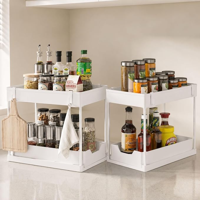 Under Sink Organizer, 2 Tier Pull-Out Storage Organizer with Sliding Drawer & Hooks, Multi-Purpose Cabinet Organizer for Kitchen, Bathroom, Pantry, Laundry Room & Office, White