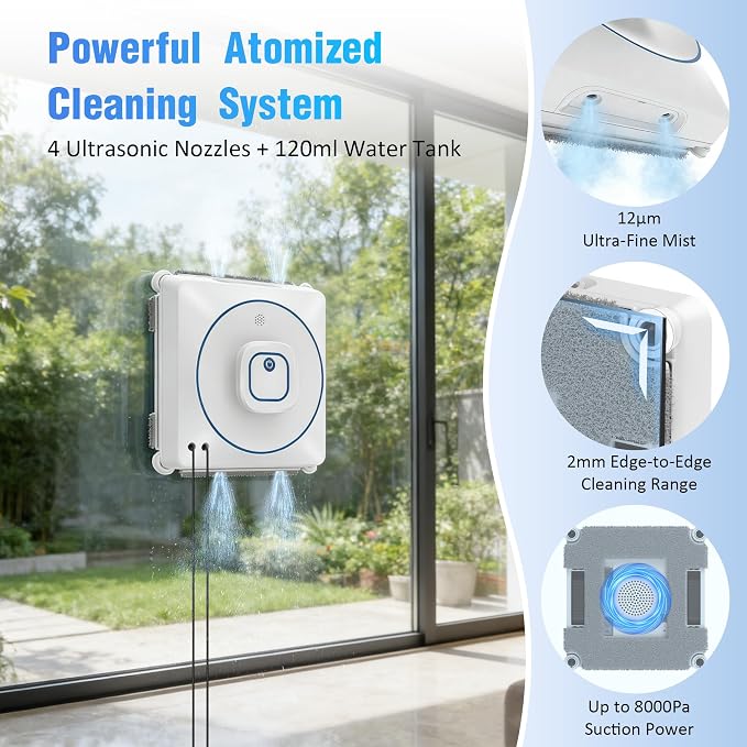 Window Cleaner Robot with 4 Cleaning Modes, 8000Pa Suction Remote Control | Dual Direction Auto-Spray Window Cleaner, Intelligent Path, Edge Detection,15-Stage Anti-Fall System for Windows