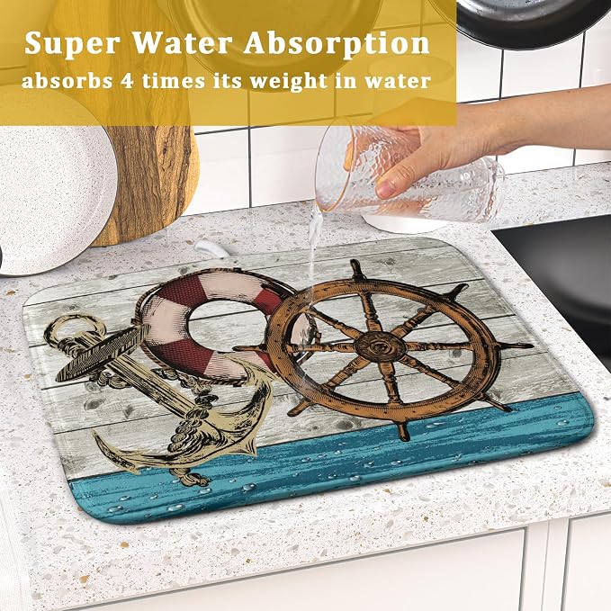 Nautical Anchor Dish Drying Mat 16x18 inch Coastal Boat Fast Dry Microfiber Reversible Dish Drainer Pad Kitchen Countertop Tabletop Decor