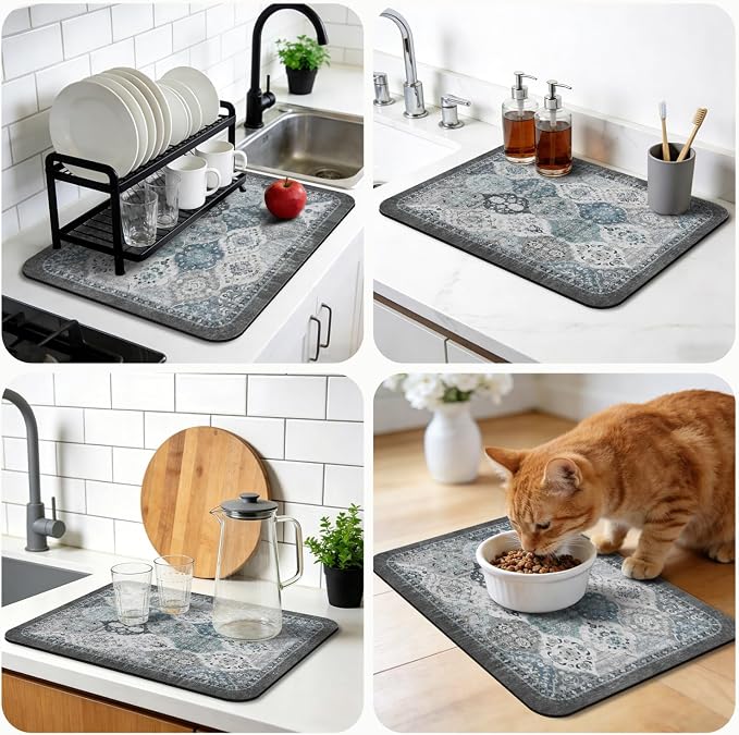 Dish Drying Mat, Vintage Rustic Boho Kitchen Dishes Absorbent Pad, 12x20in | Eco-friendly diatomite with non-slip rubber backing. Super absorbent mat for kitchen counters, coffee bars & sinks