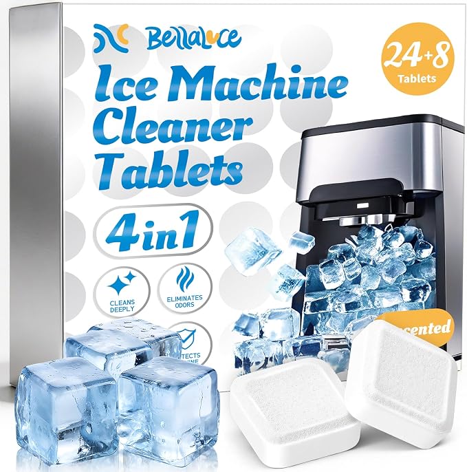 Bellaluce Ice Machine Cleaner Tablets Descaler (32 Pack) – Nickel-Safe Countertop Portable Commercial Ice Maker Cleaning – Remove Hard Water Buildup, Odor-Free, Crystal Clear Ice