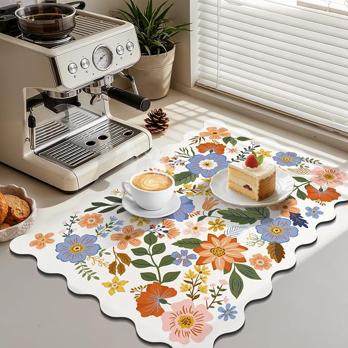LOKHOM Scalloped Floral Dish Drying Mat, 18"x24" Super Absorbent Coffee Mat with Unique Spring Wildflowers, Cuttable Hide Stain Non-slip Drying Mat for Kitchen Counter Coffee Maker Espresso Machine