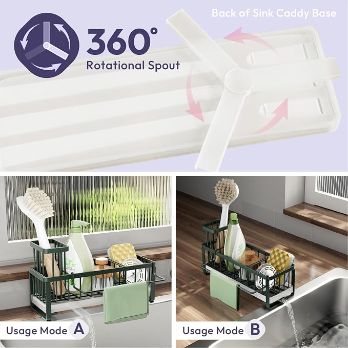 SWTYMIKI Sponge Holder for Kitchen Sink - Sink Caddy with Brush Holder Self-draining Sponge Caddy Organizer with Divider Stainless Steel Kitchen Accessories Storage for Countertop, Green