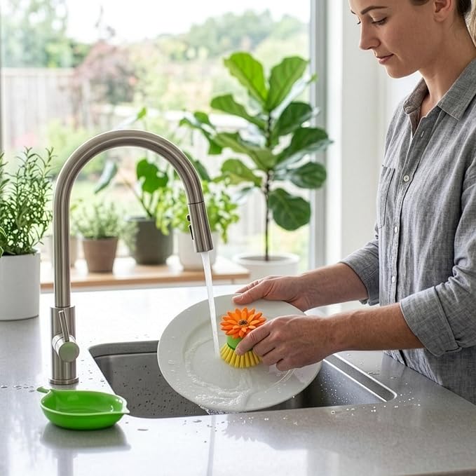 Vigar Flower Power Palm Dish Scrub Brush with Holder, Kitchen Scrub Brush for Dishes, Dish Scrubber, Sink Brush, Dishwashing Brush and Vegetable Scrubber for Household Cleaning - Orange, Green
