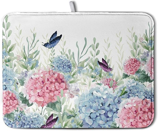 Spring Flowers Dish Drying Mat for Kitchen Counter Blue Pink Hydrangea Floral Drying Mats Absorbent Reversible Microfiber Dish Draining Mat Reusable Washable Dishes Pad Extra Large 18"x24"