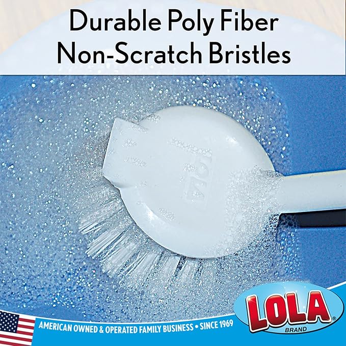 LOLA Dish Brush w/Scraper, 2 Pack, Durable Fiber Non-Scratch Bristles, Ergonomic Non-Slip Grip Handle, for Baked-on & Caked-on Messes