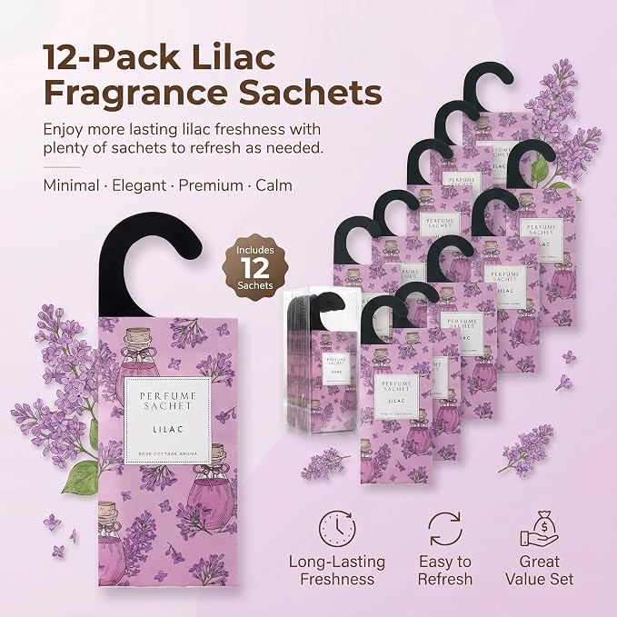 Large 12 Packs Lilac Hanging Scented Sachets Long-Lasting Closet Deodorizer Air Freshener Fabric Refresher Odor Eliminator for Drawer Home Fragrance Gift Set