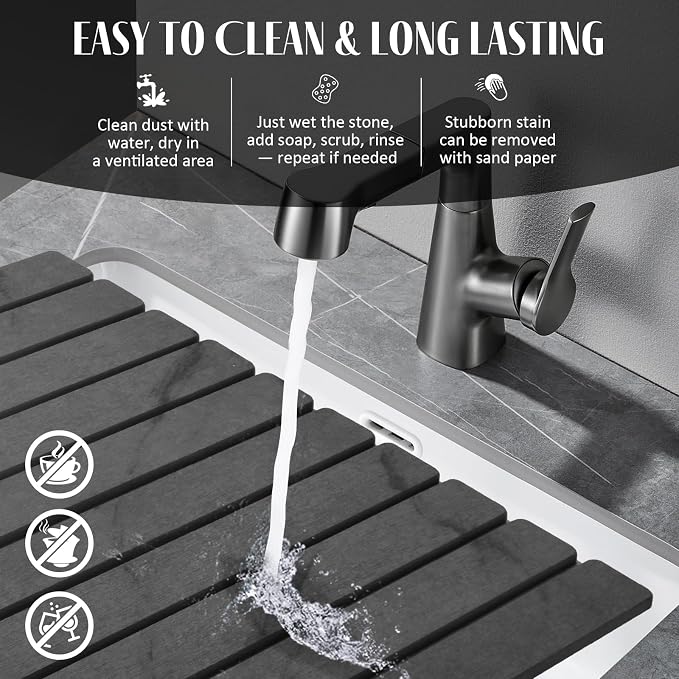 2 PCS Large Stone Dish Drying Mat for Kitchen Counter, 24"×16" Marble Dish Drying Mat with 8"x 4" Coasters, Non - Slip Collapsible Absorbent Mat for Multi - Purpose, Match Any Countertop - Grey
