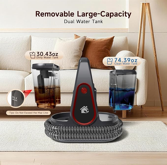 WURESE 17KPa Portable Carpet Cleaner Machine, Spot Shampooer for Couch Sofa | Dual Separate Tanks| Self-Cleaning| Extended Hose| Deep Suction for Couches, Stubborn Pet Stains & Muddy Paw Prints,Silver