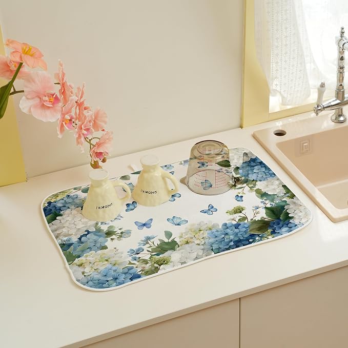 Spring Dish Drying Mat 18x24 Inches For Kitchen Counter Absorbent Watercolor Blue Hydrangea Butterfly Kitchen Decoration Summer Floral Drying Mat Pad For Home Kitchen,Dining Room,Office Decor