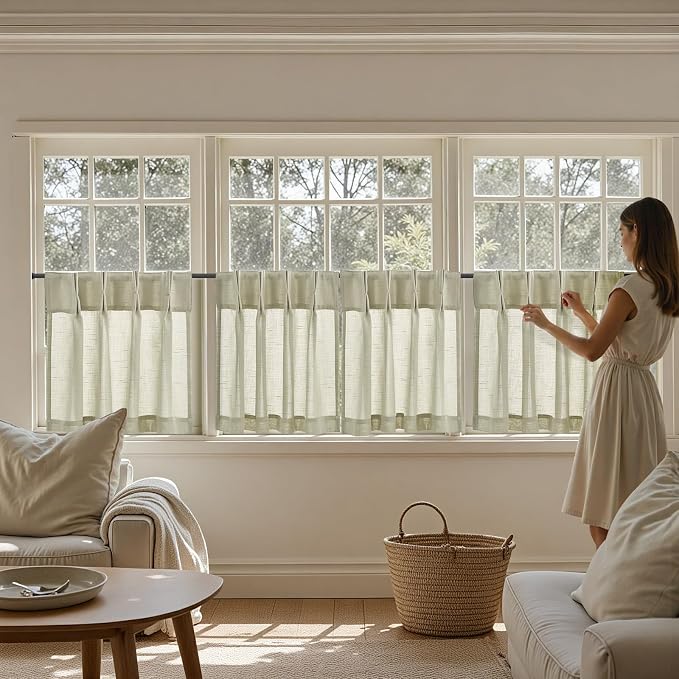 jinchan Linen Pinch Pleated Back Tab Tier Curtains, 26x24, 2 Panels, Beige | Light filtering,small window treatment,cafe curtains,machine washable,farmhouse,kitchen,bathrooms,laundry