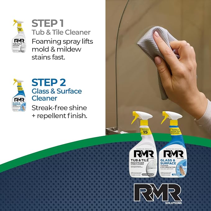 RMR Flawless Finish Bathroom Bundle – Tub & Tile Cleaner + Glass & Surface Cleaner Plus Repellent, 2-Step System for Shower, Tub, Tile, Grout, Glass Doors, & Mirrors, 2–32 Oz Bottles