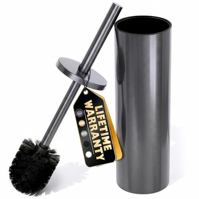 Graphite Metallic Stainless Steel Toilet Brush and Holder Set | Toilet Bowl Brush and Holder with Splash Cover, Sturdy Bristles, Corrosion & Scratch Resistant, Elegant Design