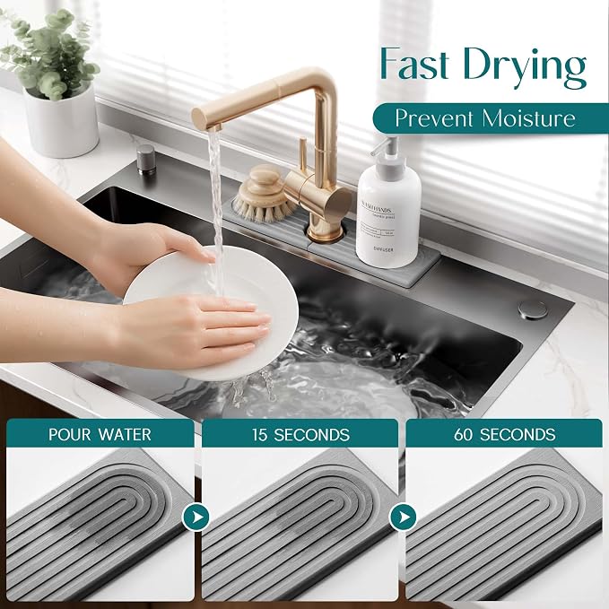 eormoe Diatomite Kitchen Faucet Mat - 14Inch Water Absorbing Stone Tray for Sink, Stone Fast-Drying Faucet Mat for Kitchen Counter Sink Accessories (Grey, 14'' x 3.9'')