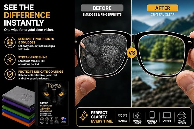 Microfiber Cleaning Cloth – 6 Pack, 230 GSM Ultra Soft Lens Cloth for Glasses, Camera & Screens, Streak-Free, Lint-Free, Scratch-Safe (6x7 Inch)