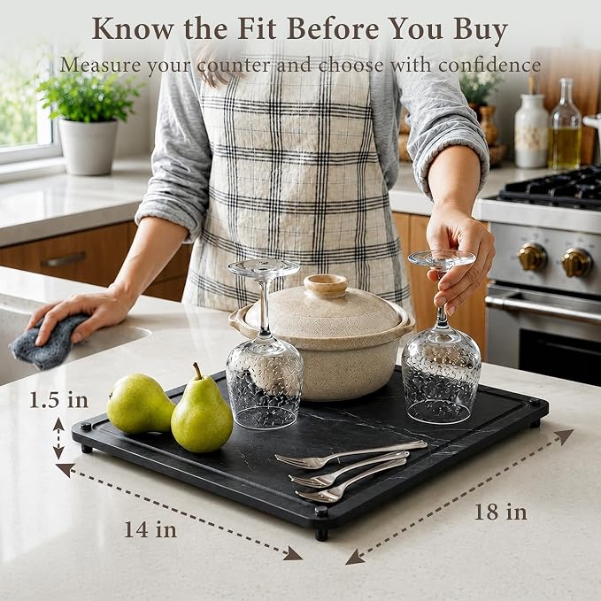 Stone Dish Drying Mat 18"x14", Black Stone Drying Mat for Kitchen Counter, Diatomaceous Earth Dish Drying Mat, Fast Absorbent Drying Stone, Minimalist Countertop Tray, Non-Slip Easy Clean