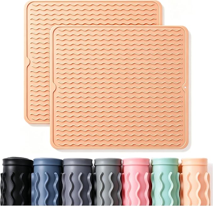 2 Pack Caketime Silicone Dish Drying Mat for Kitchen Counter Waterproof Place mats Sink Protector Stove Top Organizer Cooking Appliance Trays Dryer Rack Drainers Items Extra Large 18"x16" Beige
