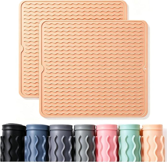 2 Pack Caketime Silicone Dish Drying Mat for Kitchen Counter Waterproof Place mats Sink Protector Stove Top Organizer Cooking Appliance Trays Dryer Rack Drainers Items Extra Large 18"x16" Beige