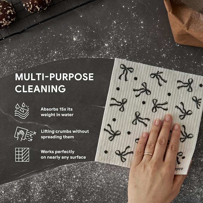 RECYCO Swedish Dishcloths for Kitchen | 6 Packs Modern Bows Washable Dish Rags | Cellulose Reusable Cleaning Paper Towels | Absorbent Counter Dish Cloth Sponge Kitchen Wipes, 8" L x 7" W
