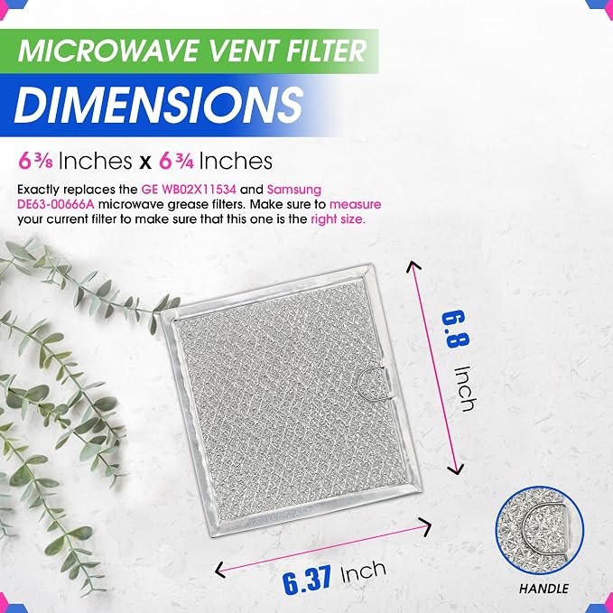 Microwave Filter replacement 6.81" x 6.34" Fits GE WB02X11534 Samsung DE63-00666A Microwave Grease Filter - Freshens and Filters Kitchen Air Entering the Over-the-Range Oven Stove Fan (2-Pack)