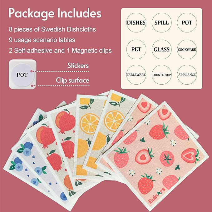 Eulnars Swedish Dishcloths for Kitchen, 8 Pack Reusable Paper Towels with Clips, Non-Scratch Swedish Dish Towels, Super Absorbent Cellulose Sponge Cloths, Eco Friendly Gifts