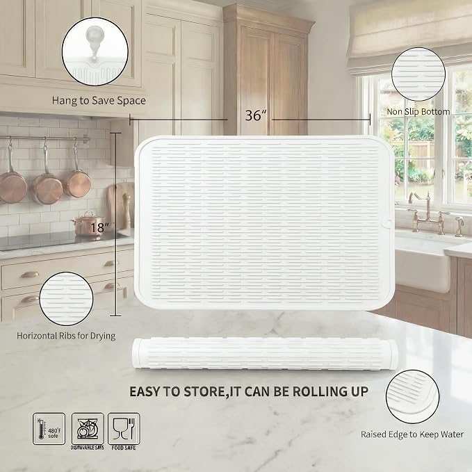 MicoYang Silicone Dish Drying Mat for Multiple Usage,Easy clean,Eco-friendly,Heat-resistant Silicone Mat for Kitchen Counter or Sink,Refrigerator or Drawer Liner White 5XL 36inches x 18inches