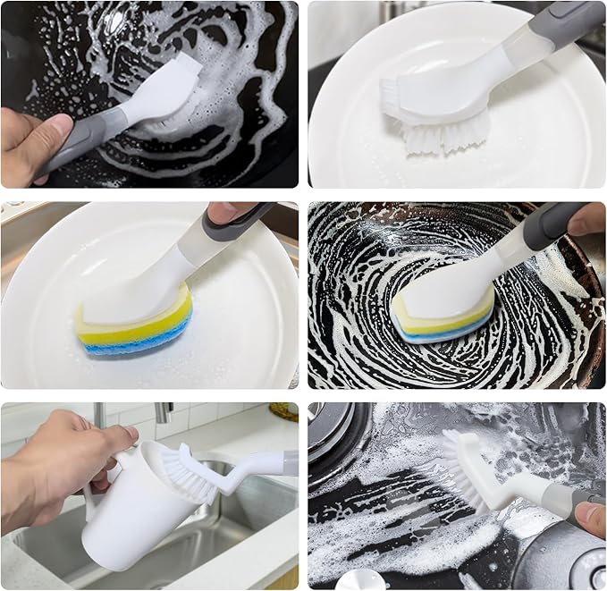 REEWII Dish Brush with soap Dispenser，4 PCS Replacement Brush Refills dishwashing Brush Set for Kitchen Utensils, Pans, Sinks, cookware