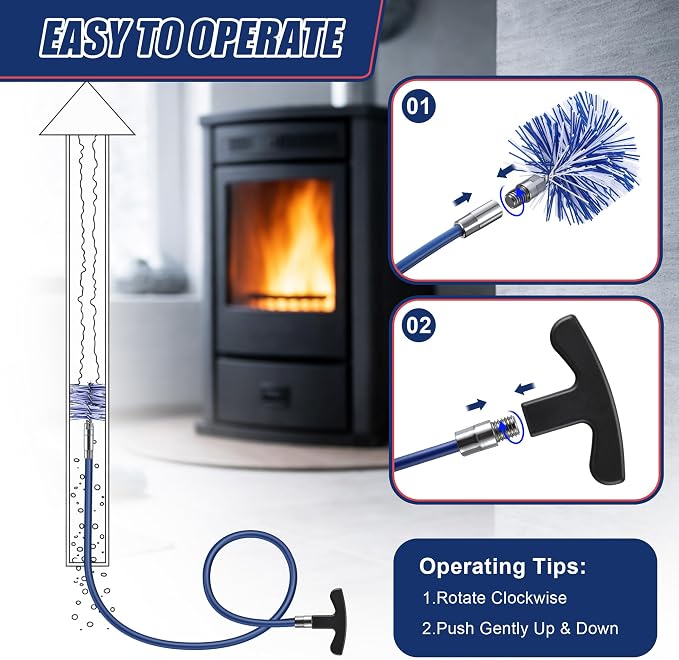 Dreyoo Pellet Stove Cleaning Brush Kit, 10 FT Flexible Steel Rod with 4" Brush Head, T Handle, Multi Purpose Flue Detail Cleaner, Nylon Stove Flue Pipe Kit for Pellet Furnace Exhaust Pipes