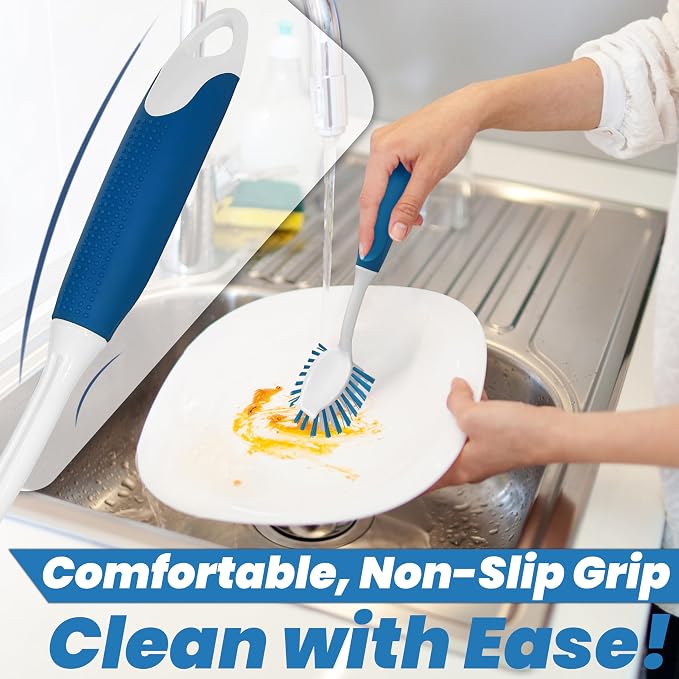 2-Pack Dish Brushes with Scraper, Durable Nylon Bristles Kitchen Scrub Brush, Dish Scrubber with Handle for Pans, Sink, Bathroom