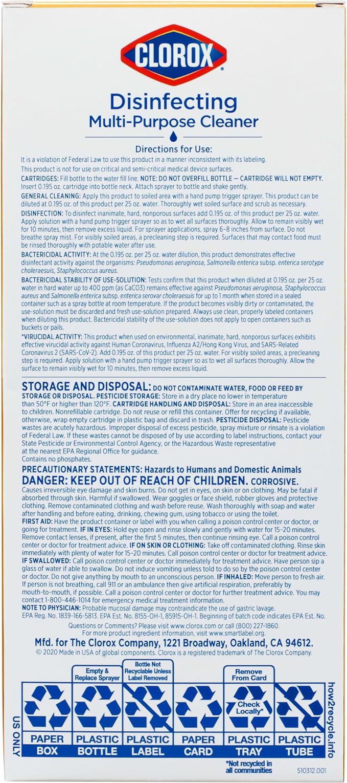 Clorox Disinfecting Multi-Purpose Cleaner Starter Kit, Household Essentials, One Reusable Spray Bottle Plus 2 Refills