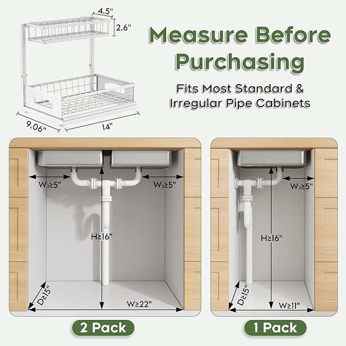 Under Sink Organizer, 2 Pack Cabinet Organizer for Kitchen, Height Adjustable Pull Out Heavy Duty 2 Tier Metal Under Sink Storage for Bathroom Pantry (White, 2 Pack)
