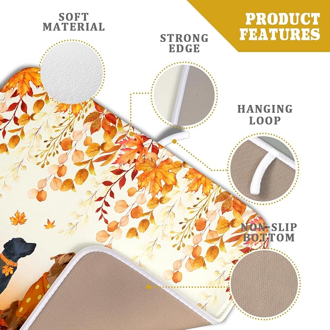 Giwawa Fall Dogs Dish Drying Mat Autumn Leaves Reusable Dishes Pad 16"x18" Holiday Microfiber Quick Dry Dish Drainer Rack Mat for Kitchen Counter