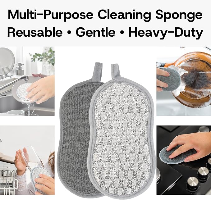 Multi-Purpose Scrub Kitchen Sponges – 12 Pack Dish Sponge, Dual-Sided Non-Scratch Microfiber & Metal Scrubber, Reusable Sponges for Dishes, Pots, Glass, Sink, Stovetop & Bathroom (Gray)